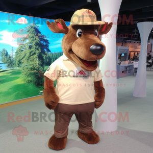 Brown Moose mascot costume character dressed with a Polo Shirt and Hat pins