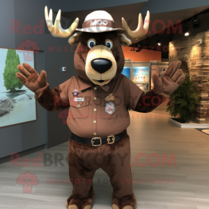 Brown Moose mascot costume character dressed with a Polo Shirt and Hat pins