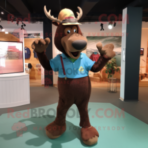 Brown Moose mascot costume character dressed with a Polo Shirt and Hat pins