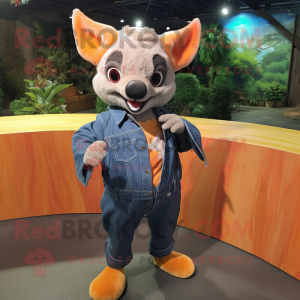 Orange Fruit Bat mascot costume character dressed with a Denim Shirt and Cufflinks