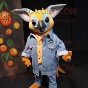 Orange Fruit Bat mascot costume character dressed with a Denim Shirt and Cufflinks