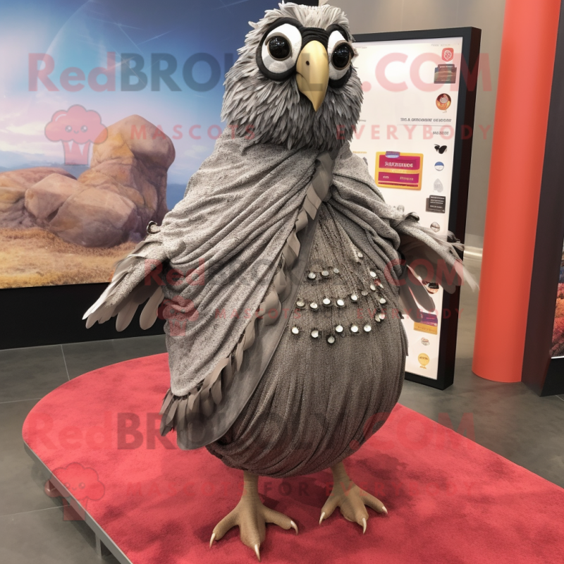 Gray Quail mascot costume character dressed with a Sheath Dress and Shawl pins