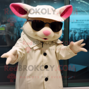 Cream Axolotls mascot costume character dressed with a Raincoat and Sunglasses