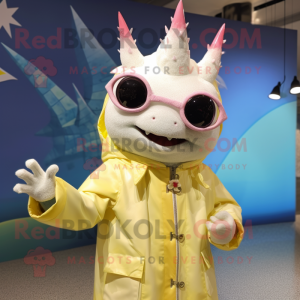 Cream Axolotls mascot costume character dressed with a Raincoat and Sunglasses