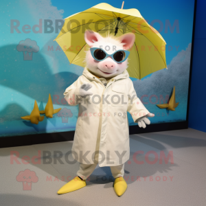 Cream Axolotls mascot costume character dressed with a Raincoat and Sunglasses