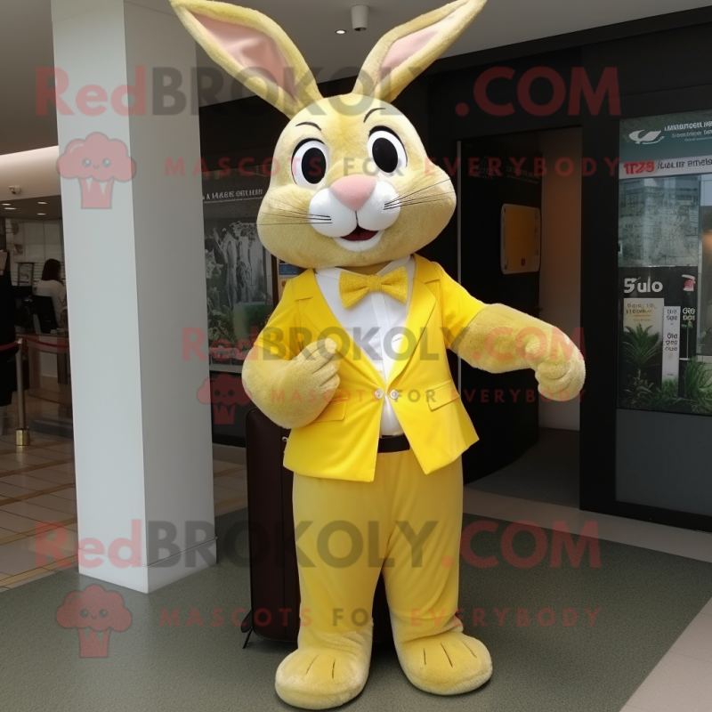 Lemon Yellow Wild Rabbit mascot costume character dressed with a Dress Shirt and Cummerbunds