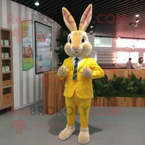 Lemon Yellow Wild Rabbit mascot costume character dressed with a Dress Shirt and Cummerbunds