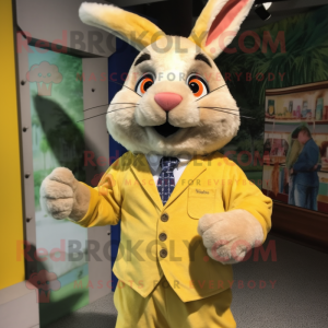 Lemon Yellow Wild Rabbit mascot costume character dressed with a Dress Shirt and Cummerbunds