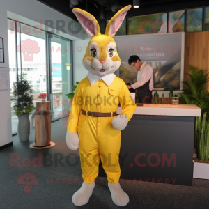 Lemon Yellow Wild Rabbit mascot costume character dressed with a Dress Shirt and Cummerbunds