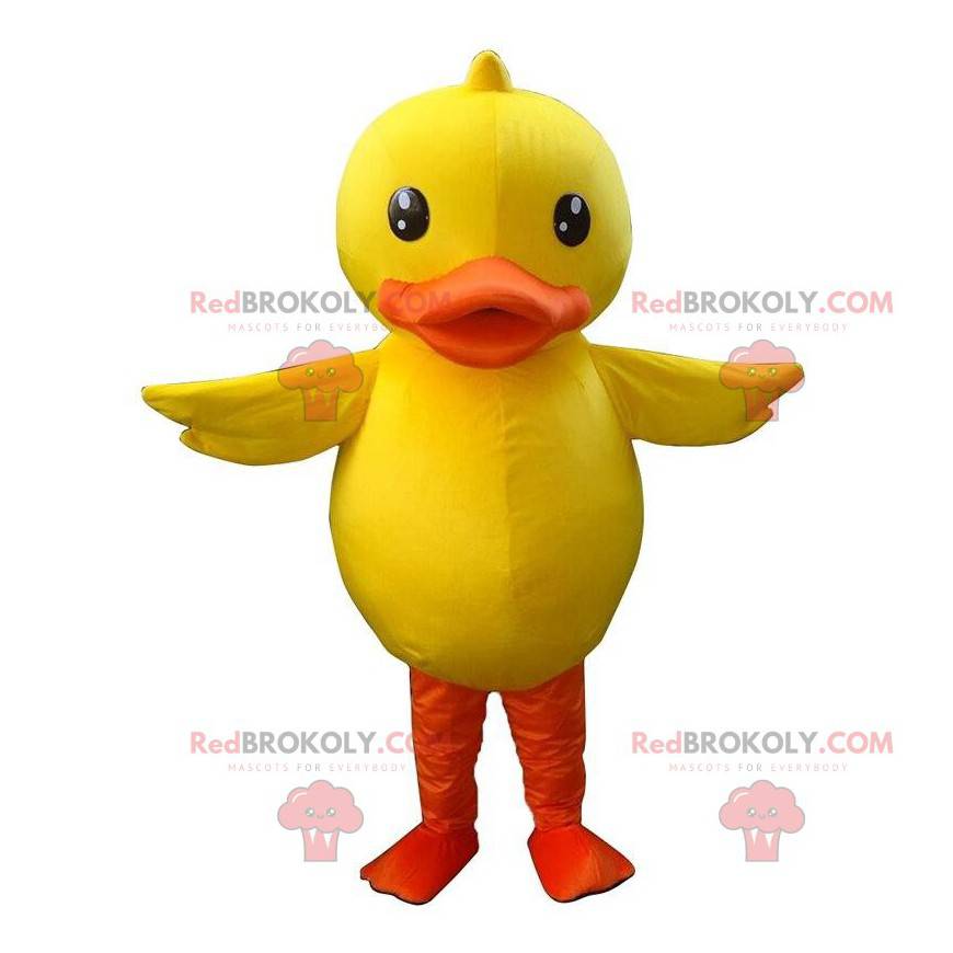 Mascote grande pato amarelo e laranja, fantasia de canário -