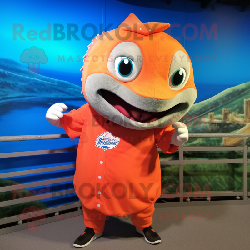 Orange Barracuda mascot costume character dressed with a Baseball Tee and Wraps