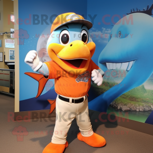 Orange Barracuda mascot costume character dressed with a Baseball Tee and Wraps