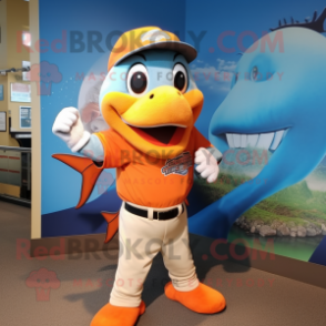Orange Barracuda mascot costume character dressed with a Baseball Tee and Wraps