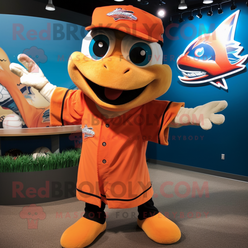 Orange Barracuda mascot costume character dressed with a Baseball Tee and Wraps