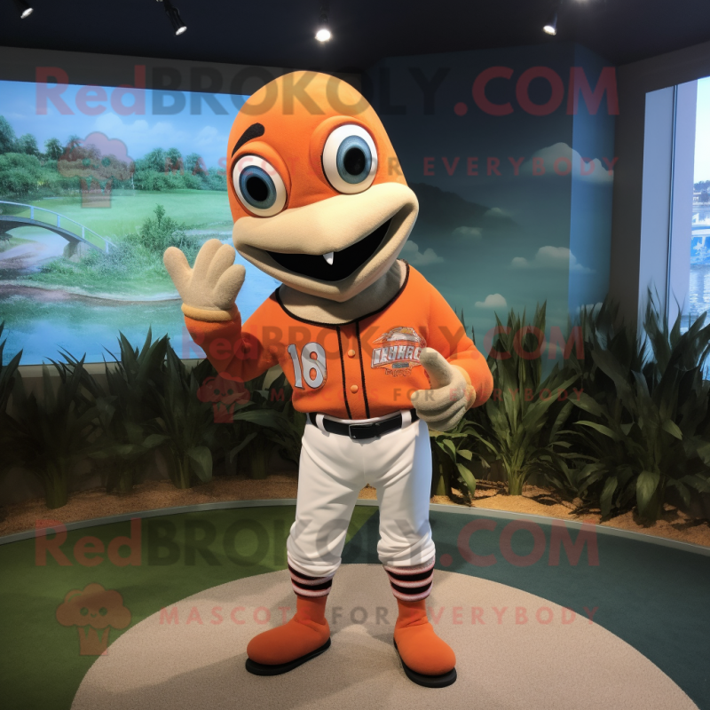 Orange Barracuda mascot costume character dressed with a Baseball Tee and Wraps