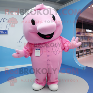 Pink Whale mascot costume character dressed with a Dungarees and Cufflinks