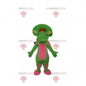 Green and pink dinosaur mascot, prehistoric costume -