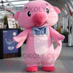 Pink Whale mascot costume character dressed with a Dungarees and Cufflinks