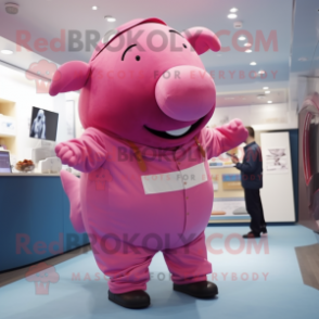 Pink Whale mascot costume character dressed with a Dungarees and Cufflinks