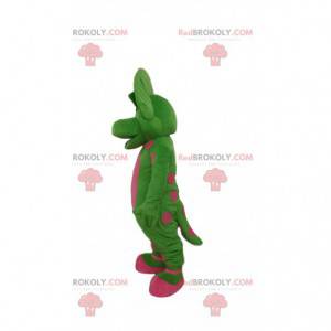 Green and pink dinosaur mascot, prehistoric costume -