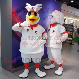 White Roosters mascot costume character dressed with a Windbreaker and Berets