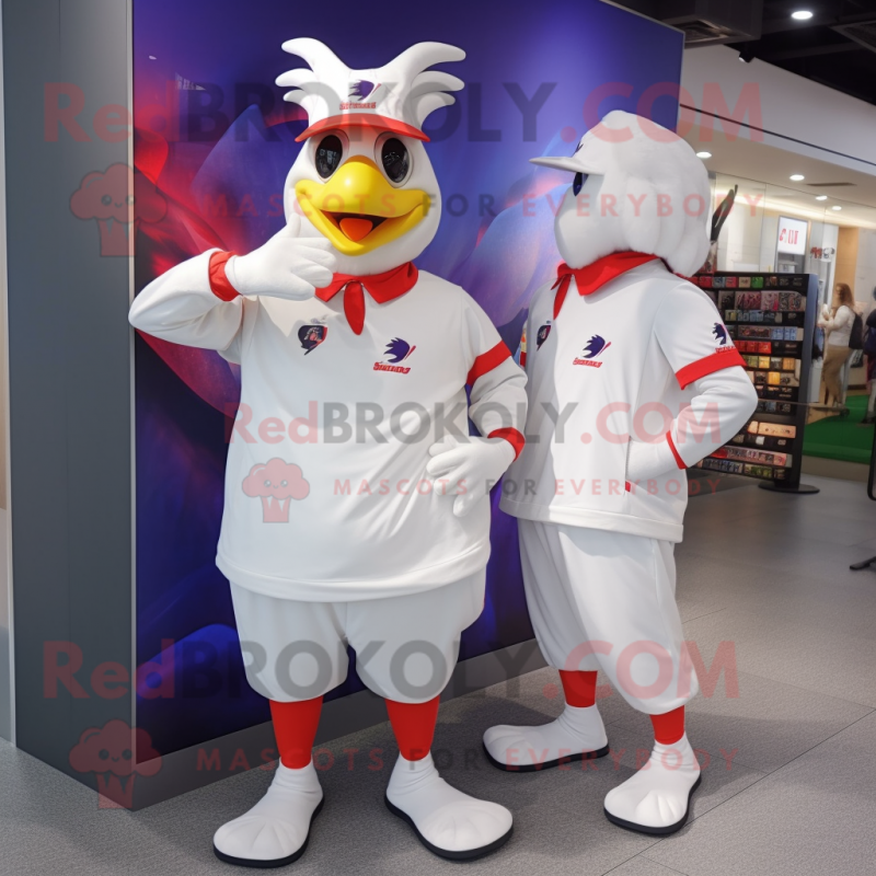 White Roosters mascot costume character dressed with a Windbreaker and Berets White Roosters mascot costume character dressed with a Windbreaker and Berets