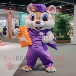 Purple Flying Squirrel mascot costume character dressed with a Polo Shirt and Wallets