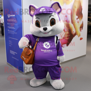 Purple Flying Squirrel mascot costume character dressed with a Polo Shirt and Wallets