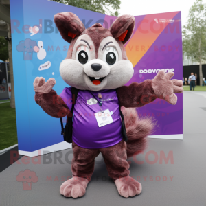 Purple Flying Squirrel mascot costume character dressed with a Polo Shirt and Wallets