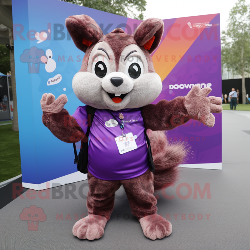 Purple Flying Squirrel mascot costume character dressed with a Polo Shirt and Wallets Purple Flying Squirrel mascot costume character dressed with a Polo Shirt and Wallets