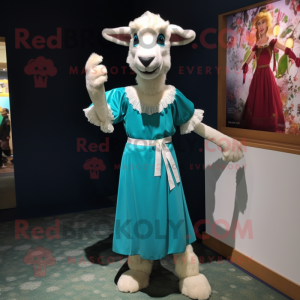 Teal Goat mascot costume character dressed with a Shift Dress and Foot pads