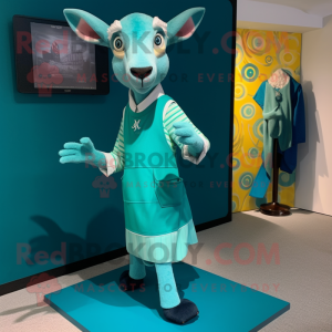 Teal Goat mascot costume character dressed with a Shift Dress and Foot pads