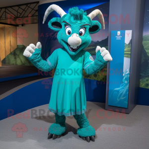Teal Goat mascot costume character dressed with a Shift Dress and Foot pads