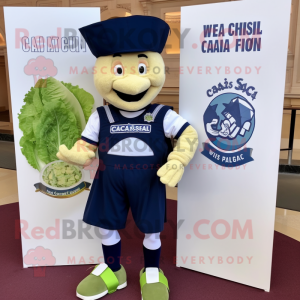 Navy Caesar Salad mascot costume character dressed with a Capri Pants and Backpacks