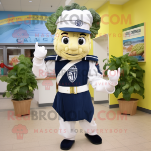 Navy Caesar Salad mascot costume character dressed with a Capri Pants and Backpacks