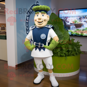 Navy Caesar Salad mascot costume character dressed with a Capri Pants and Backpacks