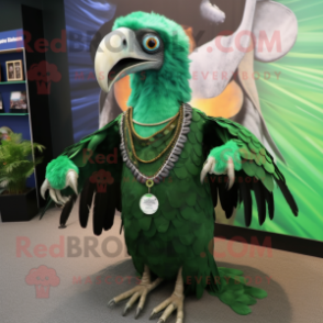 Green Vulture mascot costume character dressed with a Wrap Skirt and Necklaces