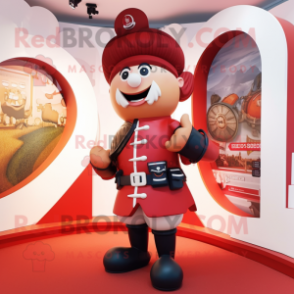 Red Bagpipe mascot costume character dressed with a Chinos and Belts