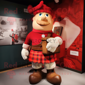 Red Bagpipe mascot costume character dressed with a Chinos and Belts