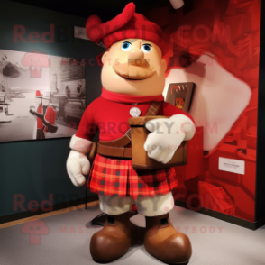 Red Bagpipe mascot costume character dressed with a Chinos and Belts