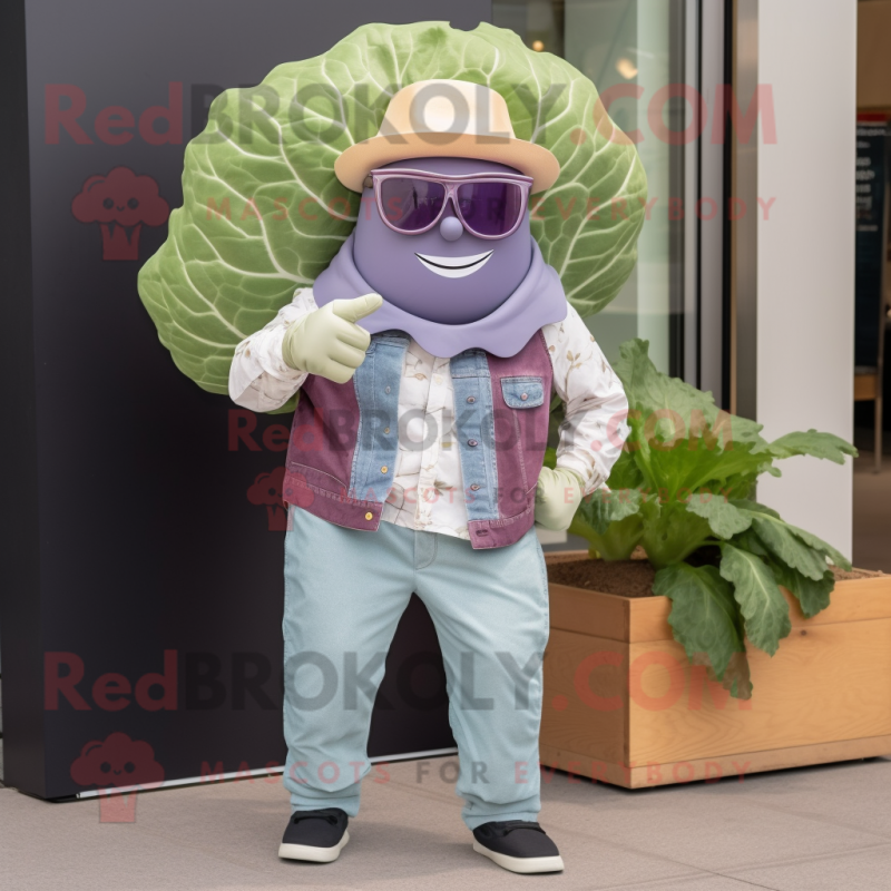 Lavender Corned Beef And Cabbage mascot costume character dressed with a Chambray Shirt and Sunglasses Lavender Corned Beef And Cabbage mascot costume character dressed with a Chambray Shirt and Sunglasses