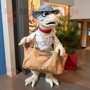 White Utahraptor mascot costume character dressed with a Boyfriend Jeans and Tote bags