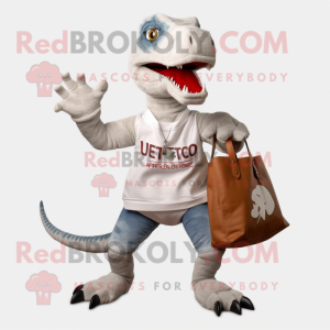 White Utahraptor mascot costume character dressed with a Boyfriend Jeans and Tote bags