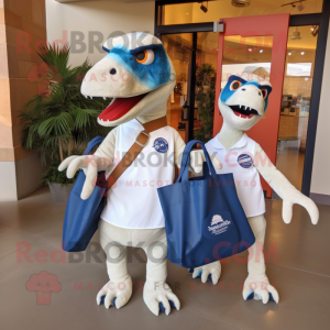 White Utahraptor mascot costume character dressed with a Boyfriend Jeans and Tote bags