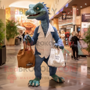 White Utahraptor mascot costume character dressed with a Boyfriend Jeans and Tote bags