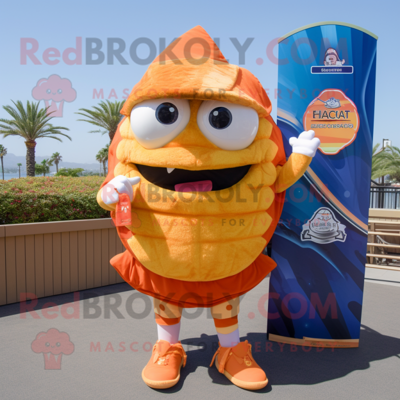 Orange Fish Tacos mascot costume character dressed with a Board Shorts and Belts Orange Fish Tacos mascot costume character dressed with a Board Shorts and Belts