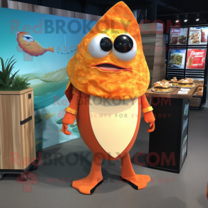 Orange Fish Tacos mascot costume character dressed with a Board Shorts and Belts