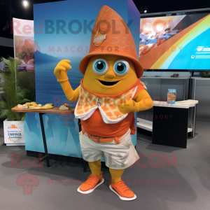 Orange Fish Tacos mascot costume character dressed with a Board Shorts and Belts