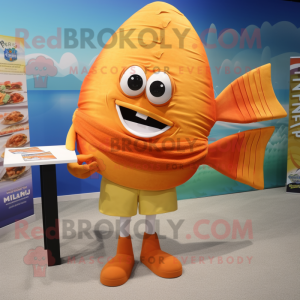 Orange Fish Tacos mascot costume character dressed with a Board Shorts and Belts