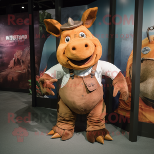 Rust Rhinoceros mascot costume character dressed with a Romper and Suspenders